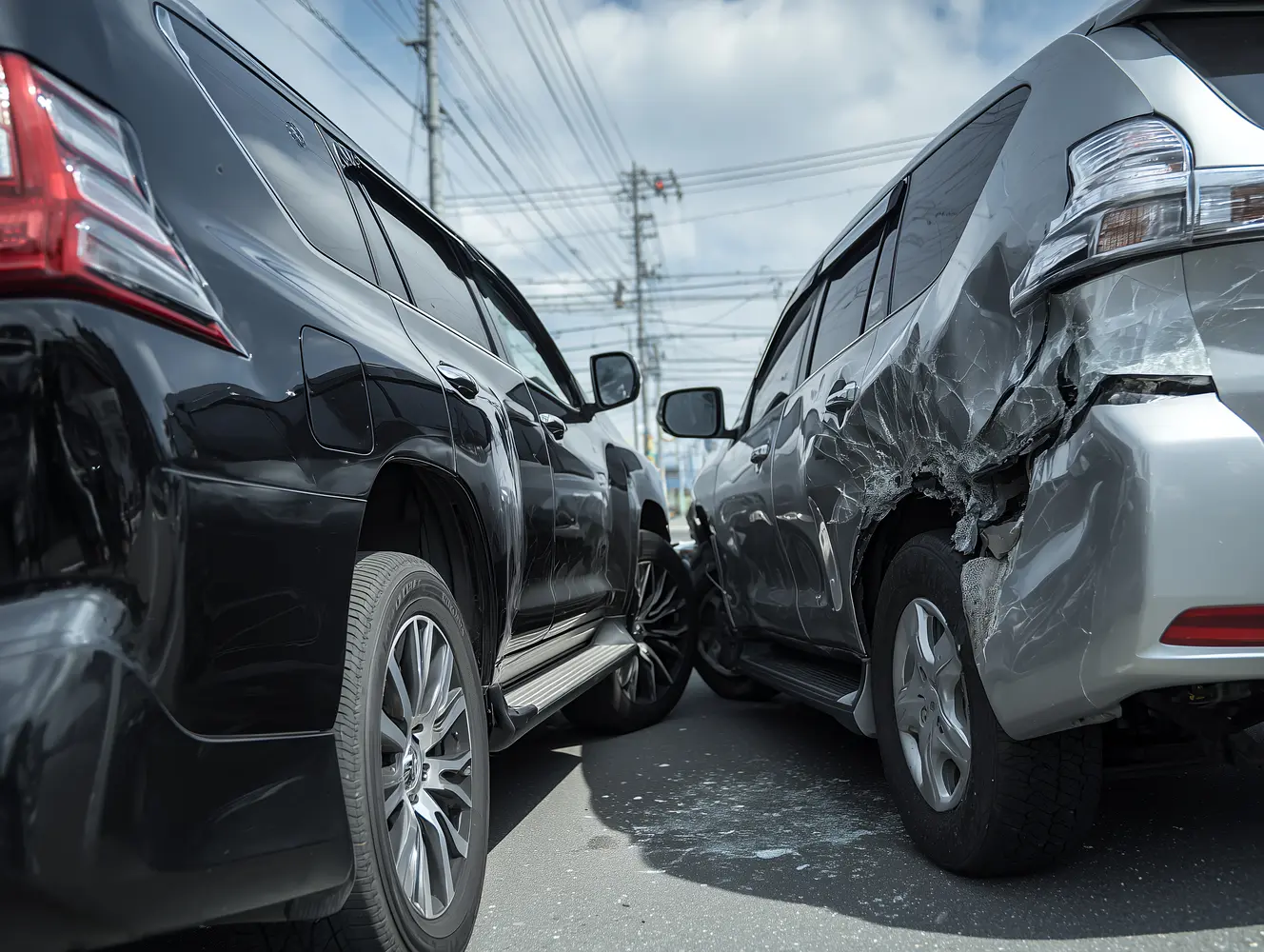 Zwei Autos, schwarz und silbern, nach Verkehrsunfall mit sichtbaren Karosserieschäden
