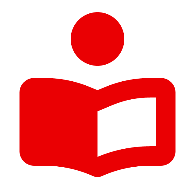 Rotes Symbol einer Person mit offenem Buch und einfachem Design auf weißem Hintergrund
