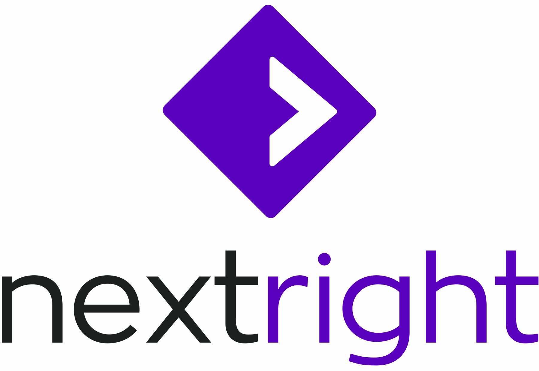 Next Right Logo mit violettem Pfeil und Schriftzug nextright in Schwarz Violett