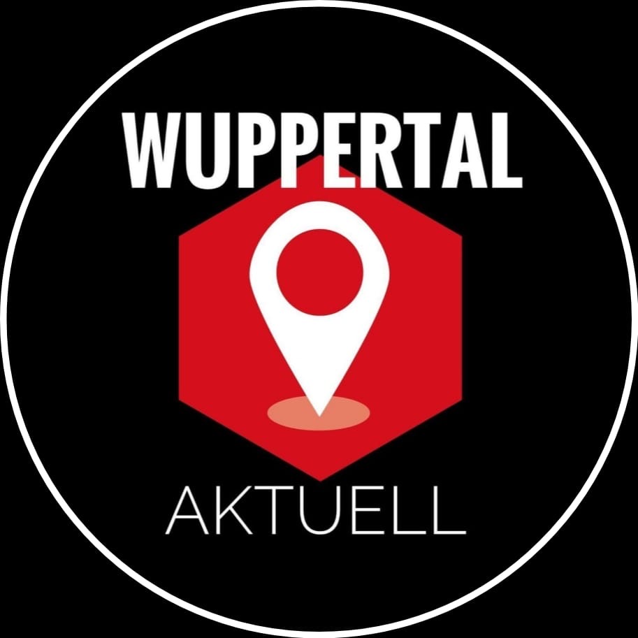 Schwarzes Logo mit weissem Text Wuppertal Aktuell und rotem Marker Symbol